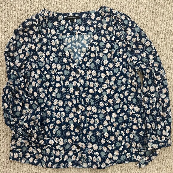 Madewell Shirt Tie-Sleeve Button-Down Top in French Floral S VNeck Boho Peasant - Picture 5 of 8
